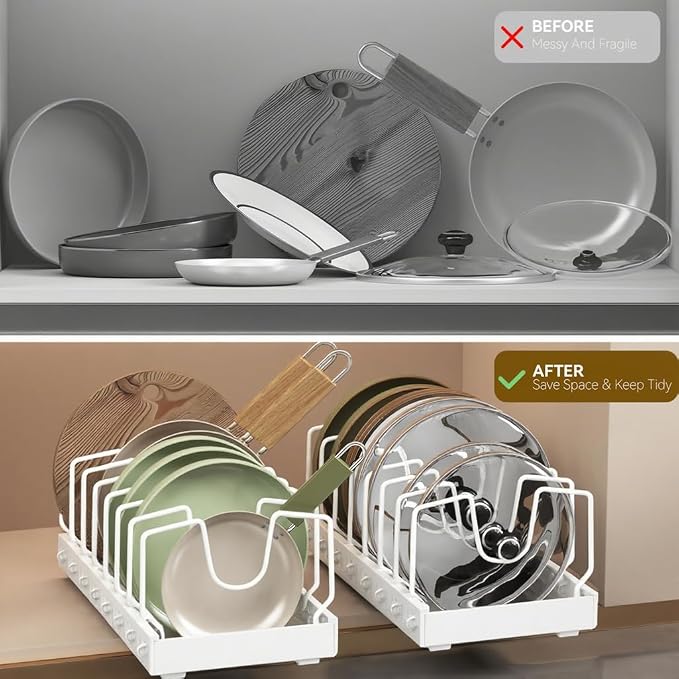 Pull Out Pot Lid Organizer, Cabinet Pan Rack, 8 Dividers | 2-pack black carbon steel rack, 16 adjustable dividers, quiet slide rails, adhesive or screw mount for lids, pans, bakeware - Image 4