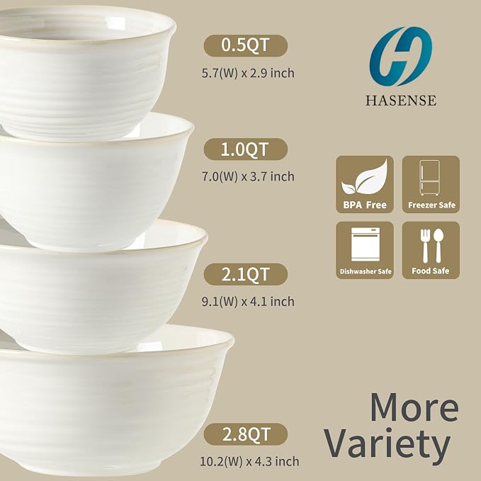 Hasense Porcelain Mixing Bowls, 2.8/2.1/1.0/0.5 Qt, Handmade Large Salad Serving Bowls for Kitchen, Deep Nesting Dishes for Cooking and Baking, Microwave Dishwasher Safe, Clay-Infused White - Image 2