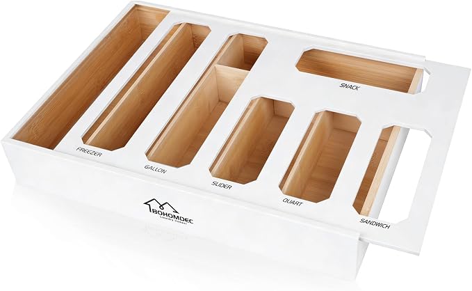 6 in 1 Bamboo Ziploc Bag Storage Organizer, White Baggie Organizer for Drawer with Sliding Lid - Fits Gallon, Quart, Sandwich, Snack & Freezer Bags, Wall Mountable Kitchen Drawer Organization by BOHOMDEC