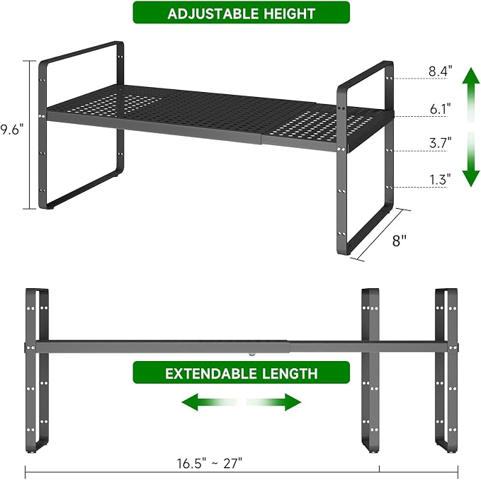 Expandable Kitchen Cabinet Shelf Organizer Rack, 16.5"-27" L x 8" W | Heavy-Duty Metal Expandable Shelf Holds 80 lb with 4 Height Levels for Kitchen Cabinet Cupboard Pantry Dish Mug - Image 2