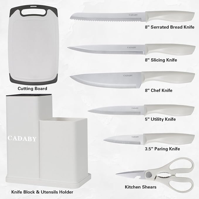 19PCS White Kitchen Cooking Utensils Set Kitchen Tools Set | 6 Stainless Steel Knives, 11 Silicone Utensils with 1 Cutting Board, Ideal for Apartment - Image 5