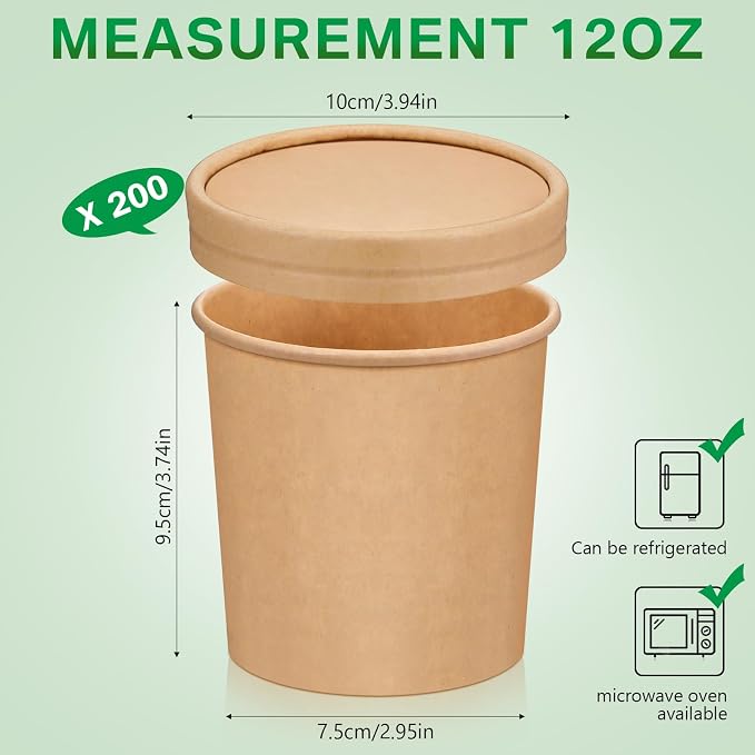 Irenare 200 Pack 12 oz Disposable Containers with Lids for Soup Ice Cream Food Fruit Bulk Paper Bowls Storage Cups with Lids, Microwavable and Freezer Safe(Brown) - Image 2