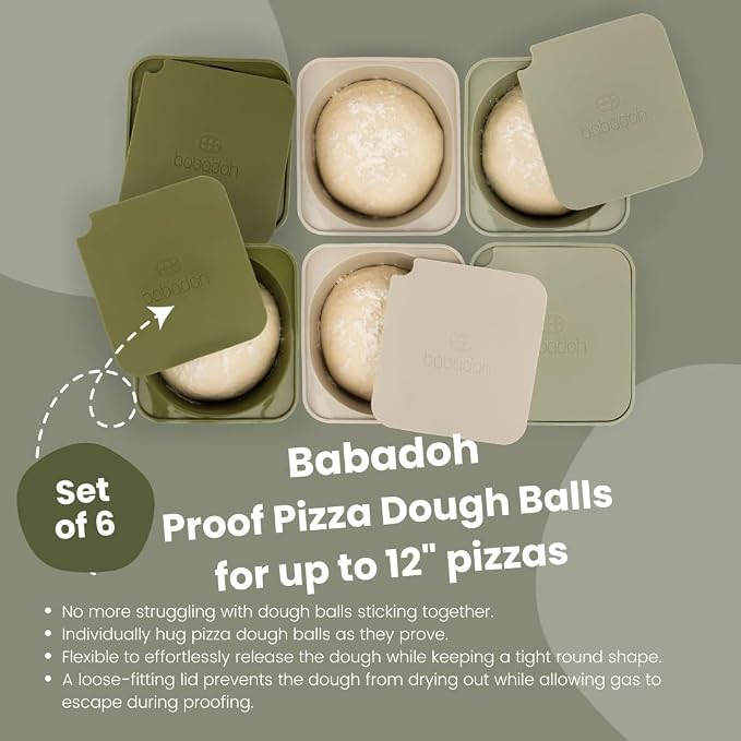 Babadoh Pizza Dough Proofing Silicone Containers with Lids | Pizza Making Accessories | The Perfect Pizza | Set of 6 | Multi Green (2 Dough, 2 Olive, 2 Sage) | Original Size (make 12" Pizzas) - Image 2