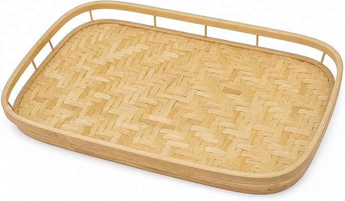 PEMAR Set of 6 Natural Bamboo Trays for Eating - Hand-Woven Handcrafted Rectangular Serving Trays with Handles - Unique Stackable Lap Trays for Dinner, TV Trays for Couch, Farmhouse Decor - Image 2