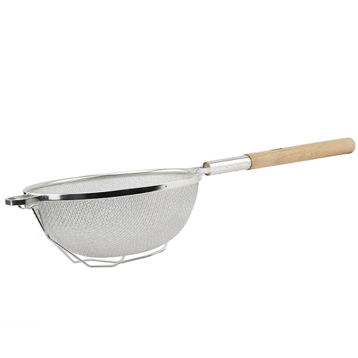 Winco 12" Tan Double Mesh Tin-Plated Steel Strainer, Nickel Plated | Double mesh, Wire handle, Hanging loop, Great for Draining Pasta, Rinsing Produce, Straining and Kitchen Prep by Winco