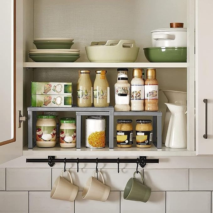 SONGMICS Spice Racks, Set of 2 Metal Cabinet Shelf Organizers, Countertop Organizers, Shelf Risers, Stackable, Expandable, Silver UKCS01SV (Pack of 2) - Image 8