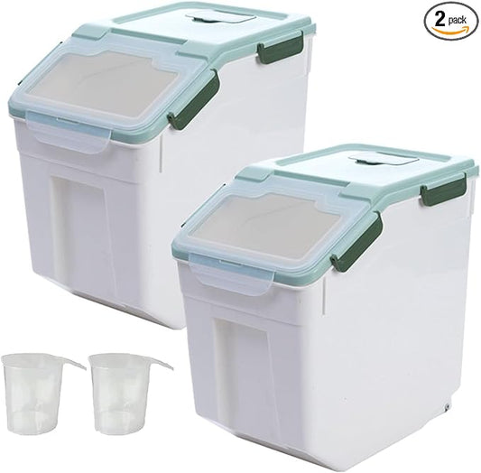 AnRui Rice Storage Container 50LB, Airtight Flour Storage Containers, Plastic Cereal Grain Dispenser Organizer Pet Food Storage Bin with Lid, Measuring Cup, Scoop, Green, 2Pcs(Total Capacity:100LBS) by AnRui