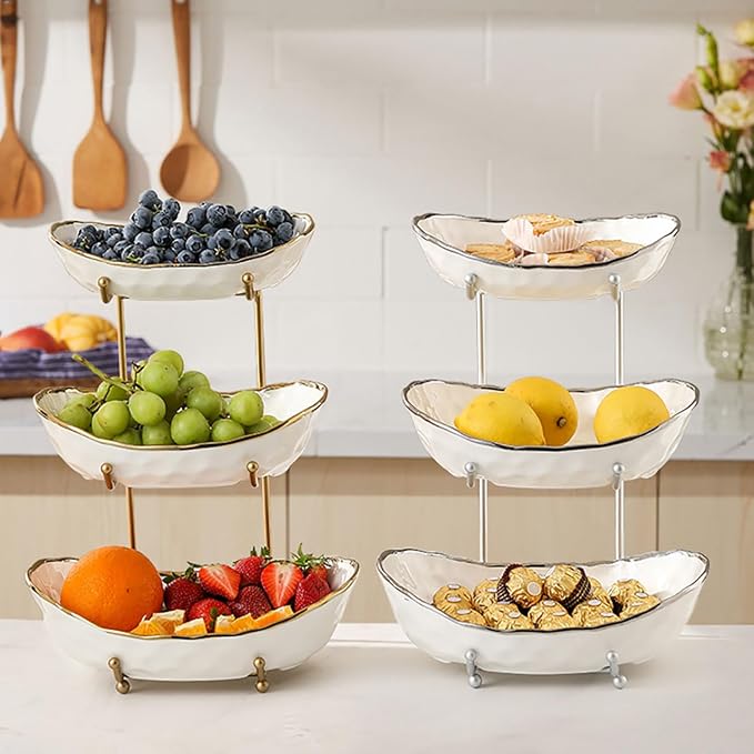 3-Tier Fruit Bowls for Kitchen Counter,White Ceramic Bowl with Gold Metal Stand,3 Tier Fruit Basket for Fruit,Snack,Cake,Nuts,Dessert Storage - Image 6