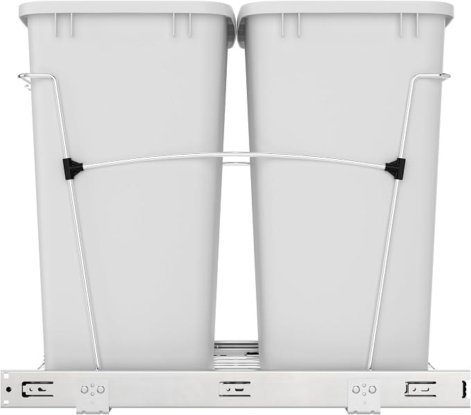 Rev-A-Shelf Double 35 Qt Pullout Trash Can for Base Kitchen Cabinets, Garbage Waste Bin System with Full-Extension Slides, Min Opening Width of 14.5" White/Chrome, RV-18KD-11C S - Image 7