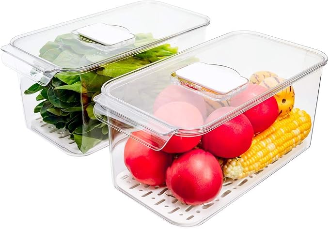 Slideep Refrigerator Food Storage Containers, Lettuce Keeper Large Produce Saver Stackable Container with Lids & Removable Drain Tray, Clear Veggie Fruit Salad Lettuce Container -2 Pack - Image 2