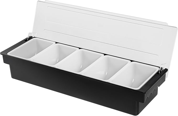 Restaurantware Bar Lux 19.6 x 6.3 x 3.7 Inch Condiment Caddy 1 Durable Bar Caddy - 5 Removable Compartments Built-In Lid Black Plastic Condiment Holder For Restaurant Store Cocktail Garnish - Image 2