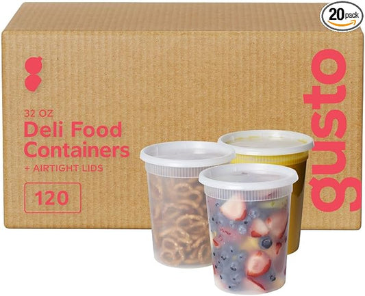 GUSTO 32 oz Plastic Deli Containers with Lids [120 Sets] Food Storage | Microwave, Dishwasher & Freezer Safe, Disposable or Reusable, BPA Free, Leak-Proof, Soups, Takeout, Meal Prep & Leftovers by GUSTO