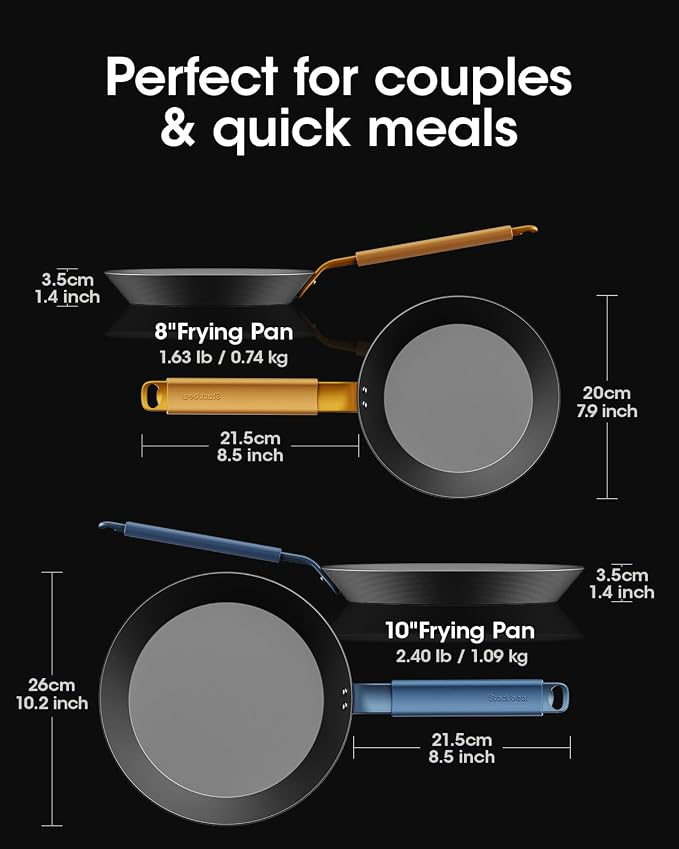 Carbon Steel Frying Pan Set, 8 & 10 Inch Nitrided Skillets | 2 Versatile Sizes for Everyday Meals; Natural Patina Builds Over Time without Chemical Coatings - Image 2