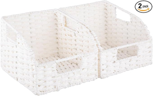 OIAHOMY Pantry Baskets for Organizing, Paper Rope Baskets with Built-in Handles, Wicker Storage Bints for Shelves, 2 Pack-White by MasterofSpaceOptimization