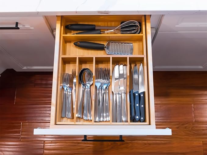 Bamboo Kitchen Drawer Organizer, 13 Inch Silverware Utensil Tray Holder, Extra Deep Grooved Drawer Divider, 7 Slots Total Bamboo Wood Caddy for Flatware Cutlery Knives, Forks, Spoons - Image 7