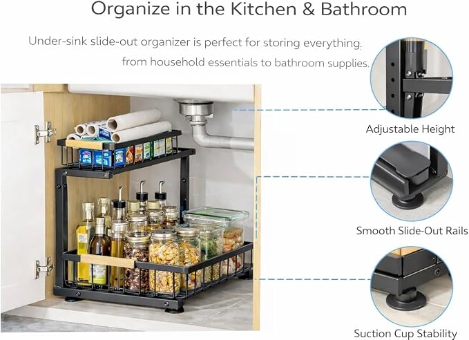Lumela Under Sink Organizer, 2-Tier Slide-Out Cabinet Organizer Shelf, Height Adjustable Metal Pull-Out Storage Rack with Wood Handle for Kitchen & Bathroom Cabinets (Black) - Image 4