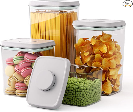 Airtight Food Storage Containers, 4-Piece Set, 1.3-3.5 Qt, Pop-Top Lids | Stackable Pantry Jars with Measurement Marks for Flour, Sugar, Cereal, Oats, Pasta, Snacks, Baking and Small Kitchen Storage by Tourdeus