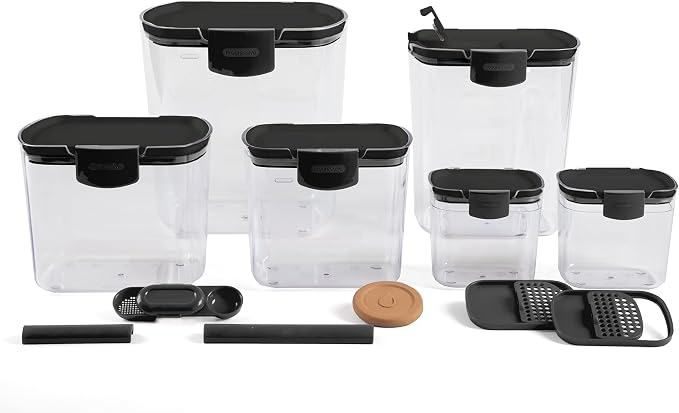 Progressive ProKeeper Baker's Airtight Kitchen Storage Canister Container Set for Flour, Sugar & More, Keeps Ingredients Fresh, with Accessories (Black, 6- Piece) by ProgressiveInternational