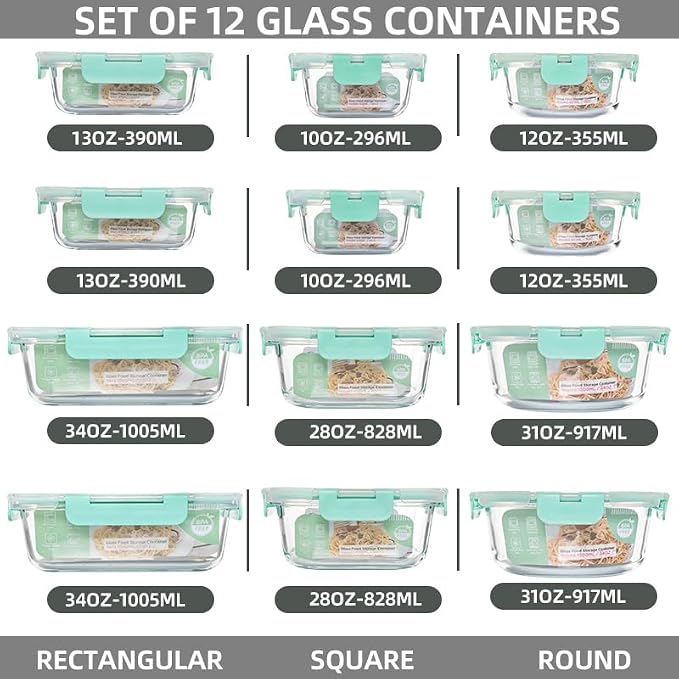 12 Pack Glass Storage Containers Transparent, Stackable Design Meal Prep Containers for Food Storage, Home, Kitchen & Pantry Organization, Microwave/Freezer/Dishwasher Safe - Image 2