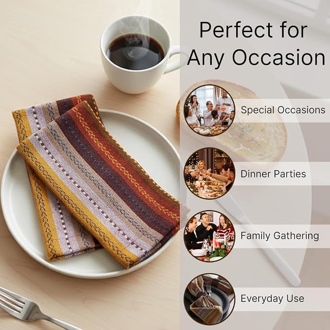 LFH Home Cotton Rich Cloth Salsa Napkin Set of 12 Washable Soft Durable Striped Table Napkins for Dining Wedding, Daily Use Reusable Eco-Friendly Napkins for Elegant Table Settings(18x18)-Rust Multi - Image 7