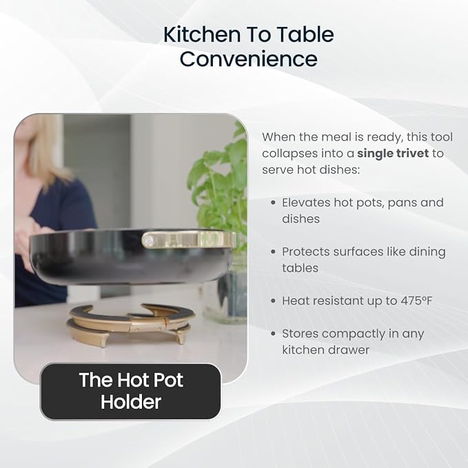 Trivae 4-in-1 Pot Lid Holder and Kitchen Trivet for Countertop – Durable Cast Aluminum Hot Pan Stand & Cake Display – Heat Resistant Silicone, Space Saving Foldable Design - Image 7