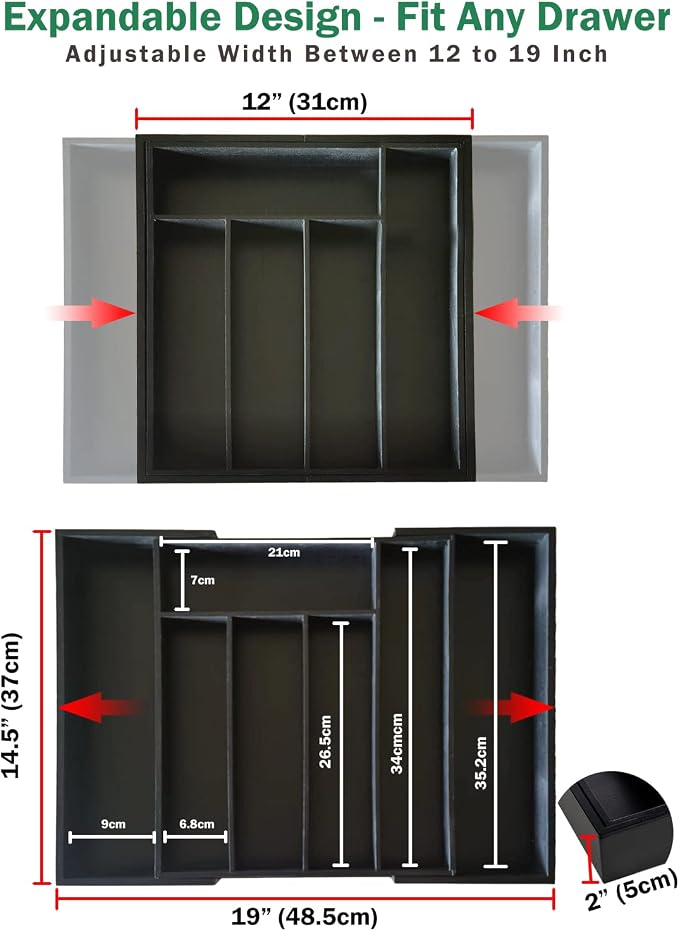 MASS DYNAMIC Cutlery Drawer Organiser, Expandable Bamboo Cutlery Tray for Kitchen Utensil, Adjustable Silverware and Flatware Holder, 7 Slots Storage for Spoons Forks Knives (Black) - Image 3
