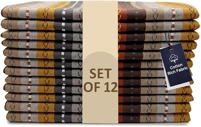 LFH Home Cotton Rich Cloth Salsa Napkin Set of 12 Washable Soft Durable Striped Table Napkins for Dining Wedding, Daily Use Reusable Eco-Friendly Napkins for Elegant Table Settings(18x18)-Brown Multi by LFHHomePrivateLimited