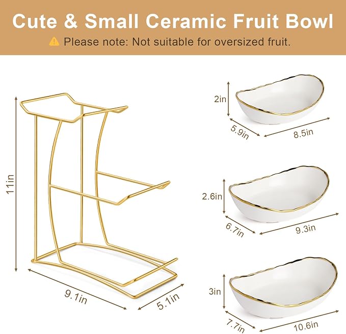 Fruit Bowl for Kitchen Counter, 3 Tier Fruit Basket for Counter, Ceramic Holder, Tiered Stand with Metal Stand, Detachable Rack for Fruit Vegetable Snack Dessert Storage (White) - Image 3