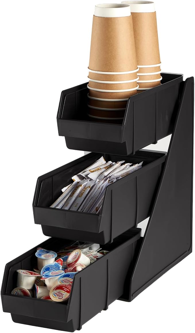 Black Self Serve Condiment Bin Stand Set, Removable Condiment Organizer with 3-Tier Stand and 3 Condiment Bins, 20" D x5.75 W x 14" H, Coffee Bar Beverage Station by CURTA