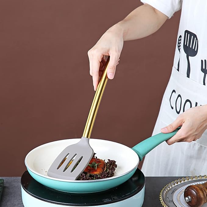 Berglander Non-stick Silicone Slotted Turner with Titanium Gold Plated Handle for Cooking, Dishwasher Safe, Easy to Clean - Image 6