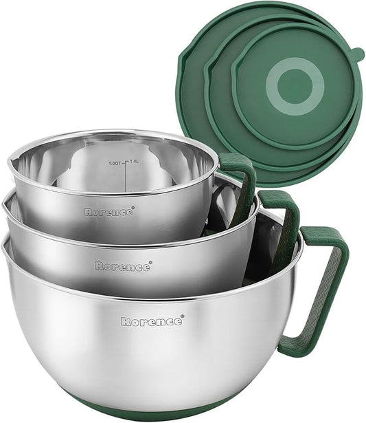 Stainless Steel Mixing Bowls Set with Lids,1.5,3 & 5 Qt,Green | Non-Slip Silicone Base,Precision Pour Spout,Ergonomic Easy-Grip Handle,Measurement Marks,Airtight Lids,Cooking & Meal Prep by Rorence