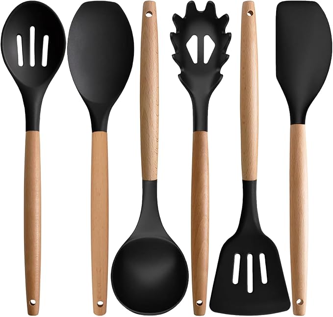 Silicone Kitchen Utensils Set of 6, Cooking Utensils Set with Heat Resistant Wooden Handle, Nonstick Silicone Spatula Spoon Turner Ladle, Cooking Kitchen Gadget for Cookware & Baking BPA FREE by IOCBYHZ