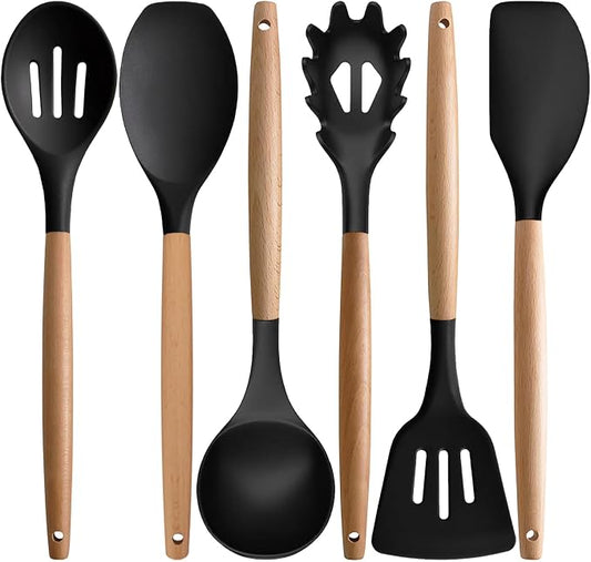Silicone Kitchen Utensils Set of 6, Cooking Utensils Set with Heat Resistant Wooden Handle, Nonstick Silicone Spatula Spoon Turner Ladle, Cooking Kitchen Gadget for Cookware & Baking BPA FREE by IOCBYHZ