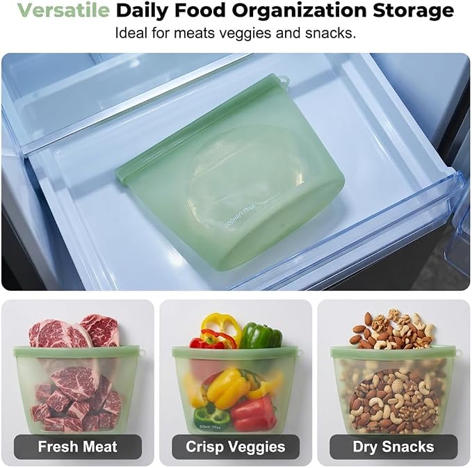 Reusable Silicone Food Storage Bags, Leakproof Freezer Bags for Food, Reusable Zip Bags for Meal Prep, Snacks, Fruit, Meat, Dishwasher Safe 2 Pack (Green, 500M) - Image 4