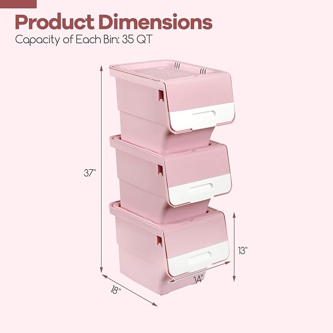 GIANTEX 3 Pack Plastic Stackable Storage Bins with Lids & Wheels, 35 QT | Open Front Stacking Bins, Organizer Bins for Pantry, Kitchen, Laundry, Closet, Playroom, Bedroom Organization - Image 8