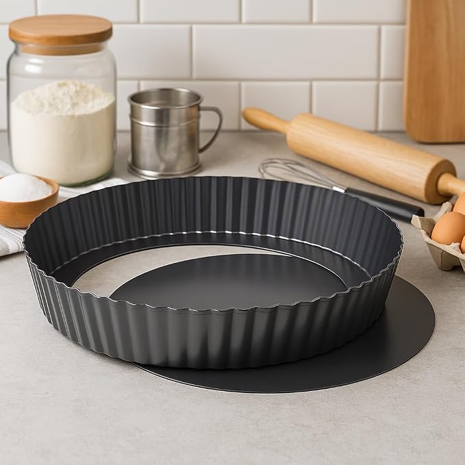 Set of 3 Deep Dish Pie Pan with Removable Bottom - Fluted Carbon Steel Tart Pan for Quiche Lorraine & Pies - Crispy Crust Baking Dish for Home Bakers - 7.87, 9.44 and 11 inches - Image 2