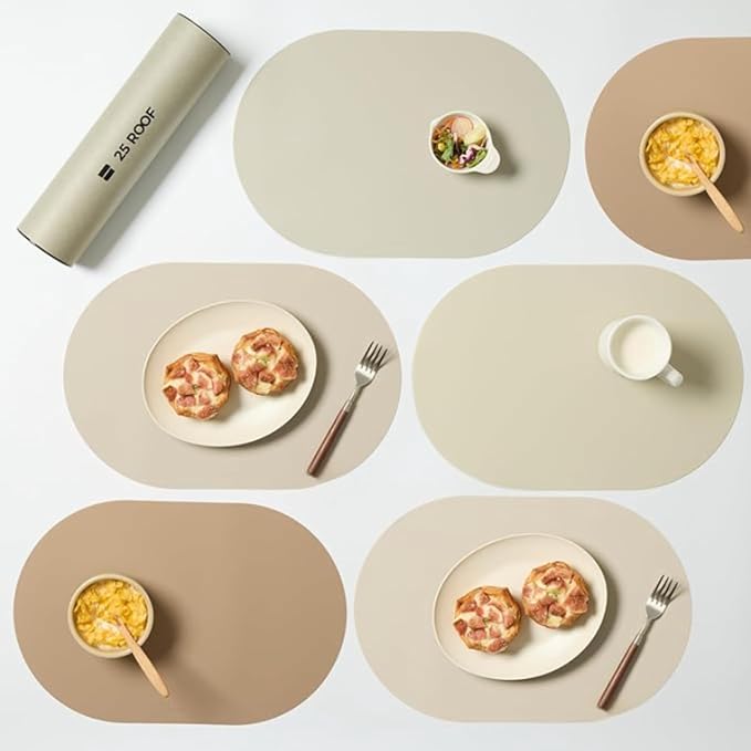 Beige Mixed Oval Silicone Placemats Set of 6 – Heat Resistant, Waterproof, Easy to Clean Non-Slip Modern Dining Table Mats – Premium Leather Textured Japandi Kitchen Decor by Unknown