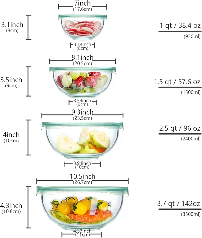 WhiteRhino Glass Mixing Bowl with Lids Set of 4,(1,1.5,2.5,3.7) Large Salad Bowl,Space-Saving Stacking Bowl for Kitchen Food Storage,Glass bowl for Cooking,Baking - Image 2