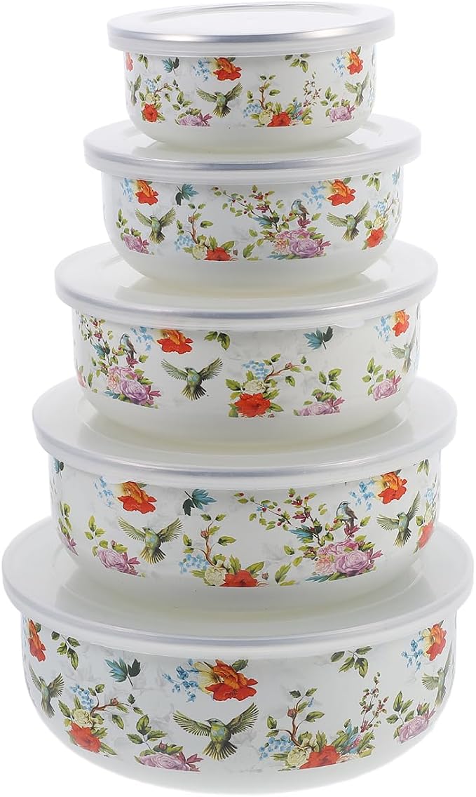 Cabilock 5-Piece Enamel Mixing Bowl Set with Lids - Vintage Nesting Food Storage Containers for Salad, Soup & Leftovers - Retro Farmhouse Kitchen Bowls, Space-Saving, Red by cabilock