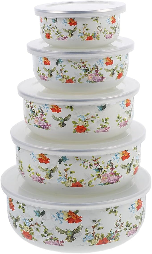Cabilock 5-Piece Enamel Mixing Bowl Set with Lids - Vintage Nesting Food Storage Containers for Salad, Soup & Leftovers - Retro Farmhouse Kitchen Bowls, Space-Saving, Red by cabilock