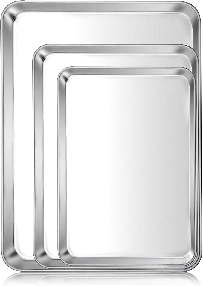 E-far Baking Cookie Sheet Pan Set of 3, 16/12.4/10.4 Inch, Stainless Steel Baking Pans Set for Oven, Rectangle Baking Tray for Cooking Roasting, Non Toxic & Easy Clean, Dishwasher Safe by E-far