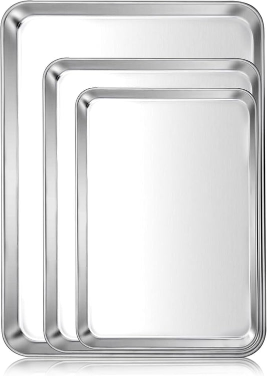 E-far Baking Cookie Sheet Pan Set of 3, 16/12.4/10.4 Inch, Stainless Steel Baking Pans Set for Oven, Rectangle Baking Tray for Cooking Roasting, Non Toxic & Easy Clean, Dishwasher Safe by E-far