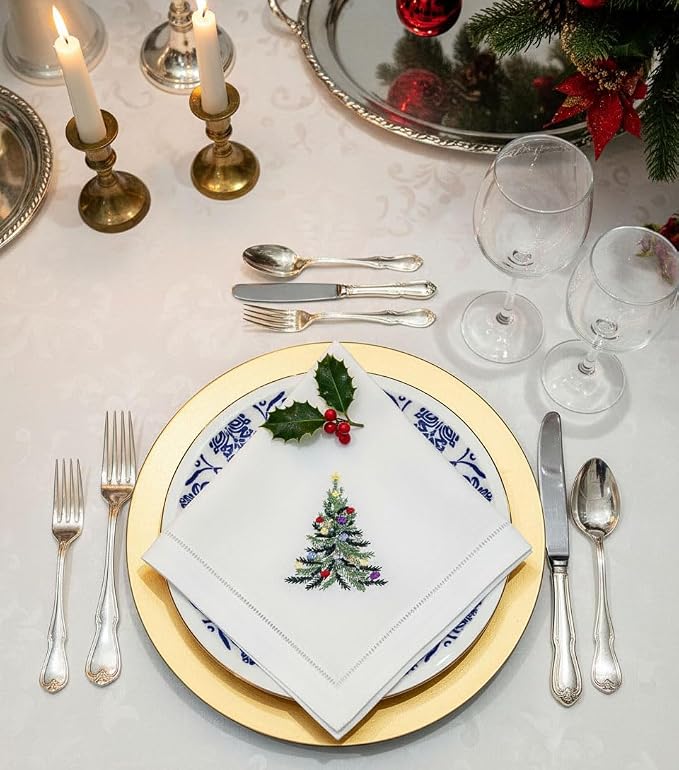 Embroidered Cloth Napkin Christmas Tree & Ornaments Cotton Napkins Set of 6, 20x20 Hemstitch Table Napkins Machine Washable, Daily & Christmas, Great Present Ideas - Image 4