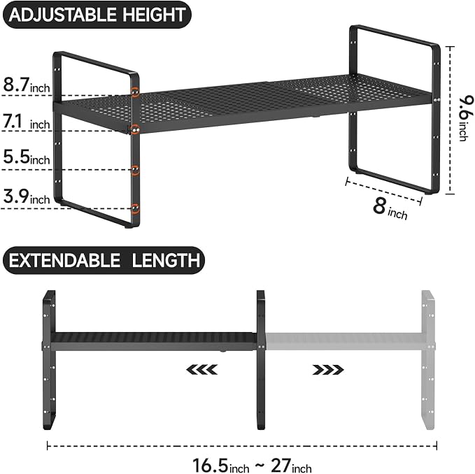 Expandable Cabinet Shelf Organizers, 16.5"~27''L, Black | Stackable Metal Shelves, Adjustable Spices Rack Stand, For Kitchen Countertop Storage, For Cupboard Pantry, 8" W x 9.6" H - Image 2