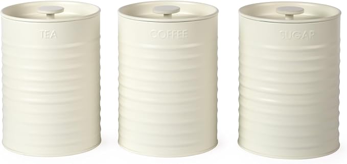 Russell Hobbs RH03268CEU7 Ribbed 3-Piece Canister Set – Set of 3 Kitchen Storage Canisters for Tea, Coffee and Sugar, Durable Powder-Coated Steel, Pull Top Lids, Easy to Clean, Ribbed Design, Cream by Russell+Hobbs