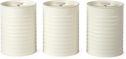 Russell Hobbs RH03268CEU7 Ribbed 3-Piece Canister Set – Set of 3 Kitchen Storage Canisters for Tea, Coffee and Sugar, Durable Powder-Coated Steel, Pull Top Lids, Easy to Clean, Ribbed Design, Cream by Russell+Hobbs