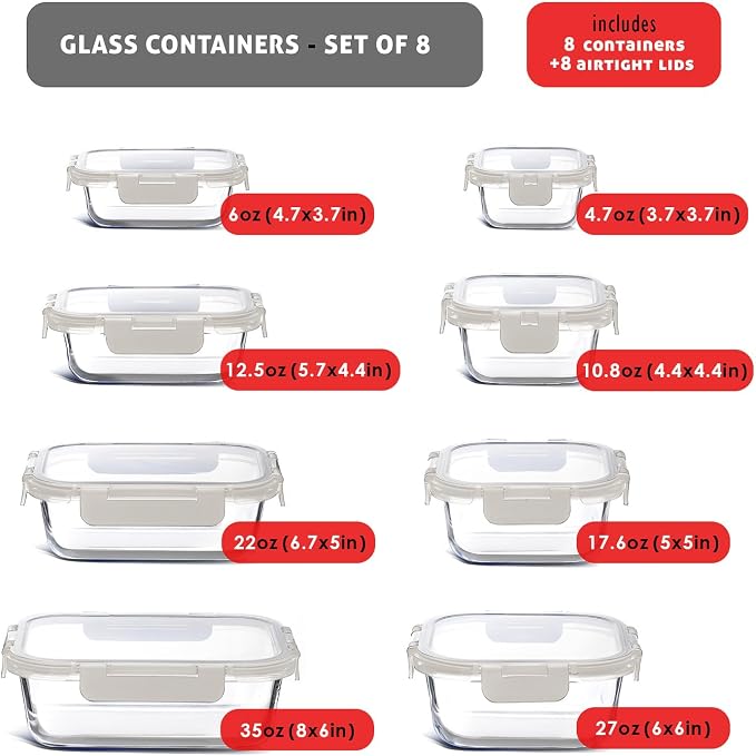EATEX 16pc Glass Storage Containers with Lids, 8 Glass Food Storage Containers with 8 Airtight Lids for Pantry & Kitchen, Meal Prep Containers for Lunch, Oven Freezer Microwave & Dishwasher Safe - Image 2