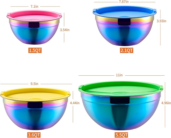 Rainbow Mixing Bowls With Airtight Lids,Stainless Steel Bowl,Salad Bowls 4 Piece Colorful Nesting Bowl Rainbow Kitchen Accessories,Size 5.5,3.6,2.1,1.5 QT Stackable Design - Image 2