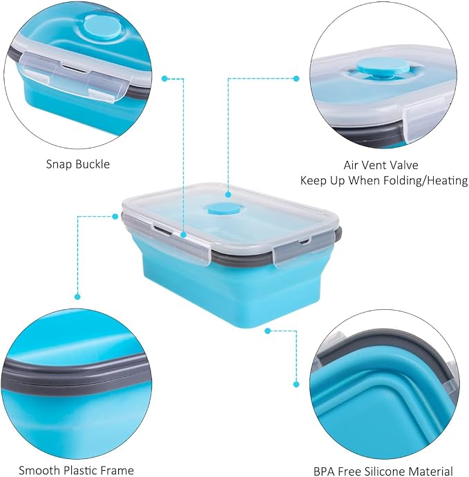Collapsible Food Storage Containers with Airtight Lid & Air Vent, 4 Sizes, Kitchen Stacking Silicone Collapsible Meal Prep Container Set for Leftover, Microwave Freezer Dishwasher Safe, Blue, Set of 4 - Image 4
