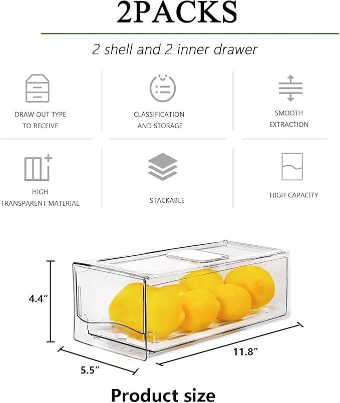 Fruit Storage Containers for Fridge with Strainer, BPA-Free Fridge Organizers and Storage, Stackable Clear Pull Out Refrigerator Organizers Drawer for Fruit,Vegetable,Produce,Berry,Food (2 Pack) - Image 2